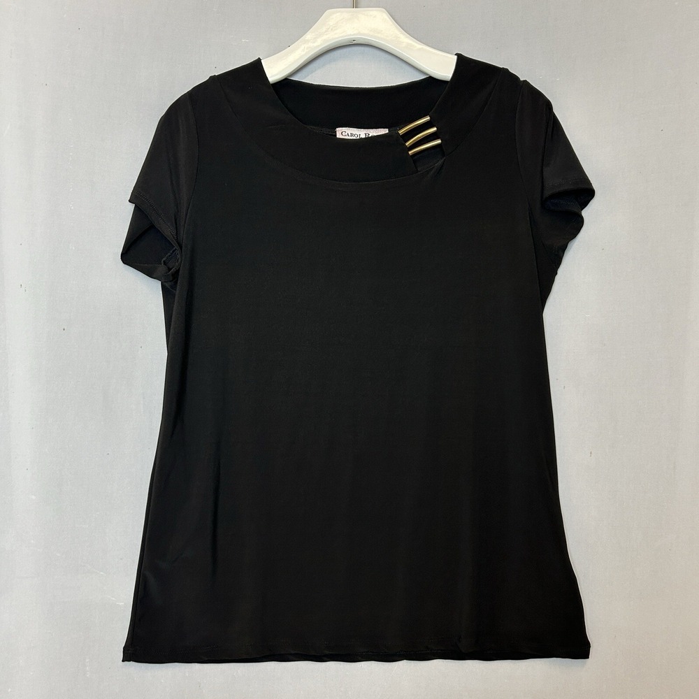 Carol Rose‎ Shirt Womens Small Black Blouse Short Sleeve Gold Design